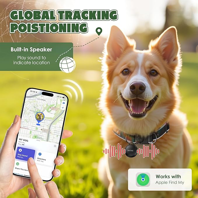 GPS Dog Collar - Unlimited Range/Tracking Device/Lost Mode for Dogs - Adjustable Size (30-42CM) - Black - Compatible with Apple Find My (iOS only)