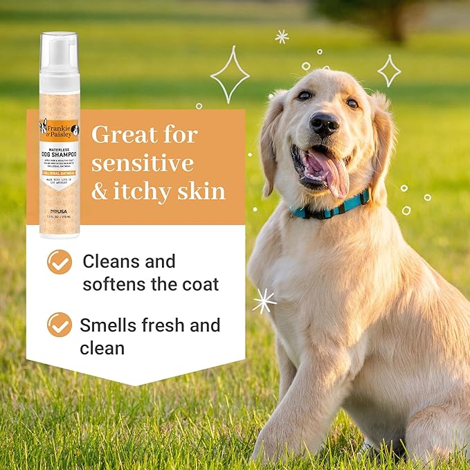Frankie & Paisley Waterless Dog Shampoo, Natural Dry Shampoo for Dogs or Cats No Rinse Required with Natural Colloidal Oatmeal for a Deodorized Puppy - Foaming 7.1 fl. Oz