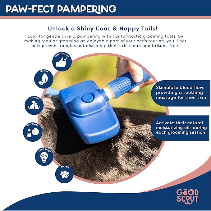 Good Scout Self-Cleaning Slicker Brush, Best Deshedding Tool for Dogs & Cats, Gentle, Safe & Effective Grooming Tool for Long & Short Haired Animals