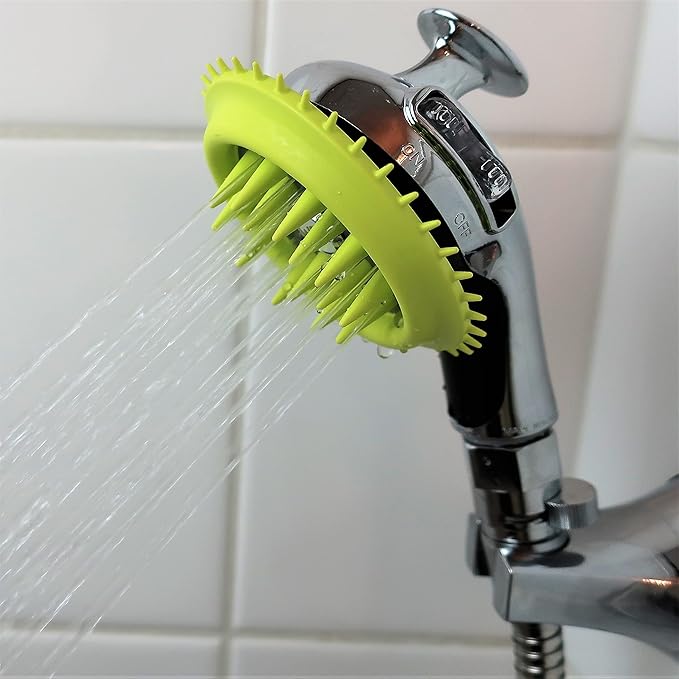 WD Handheld Shower Brush with On/Off Switch and Water Pressure Control | Shield Water While Brushing and Washing Simultaneously | Dog Washing Shower Attachment