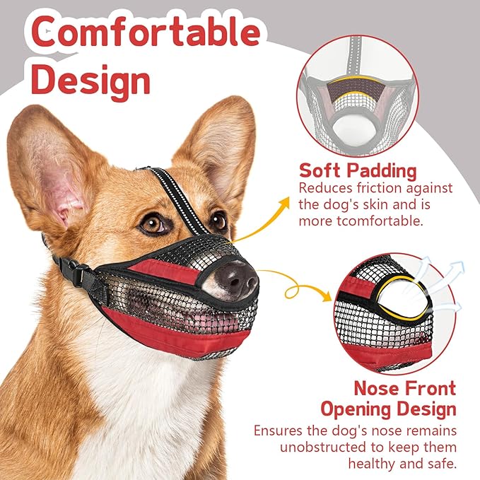 Dog Muzzle for Large Medium Small Dogs, Soft Mesh Muzzle for Dogs with Reflective Adjustable Strap, Prevent Biting Chewing and Licking, Dog Nose Open Design for Reduction Friction (Red, M)