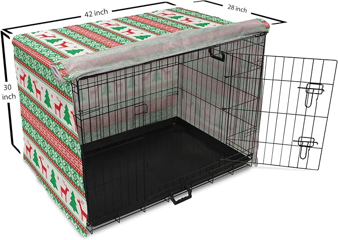 Ambesonne Christmas Dog Crate Cover, Knit Style Graphic Reindeer Star and Snowflake Holiday Family Theme, Easy to Use Pet Kennel Cover for Medium Large Dogs, 42 Inch, White Green