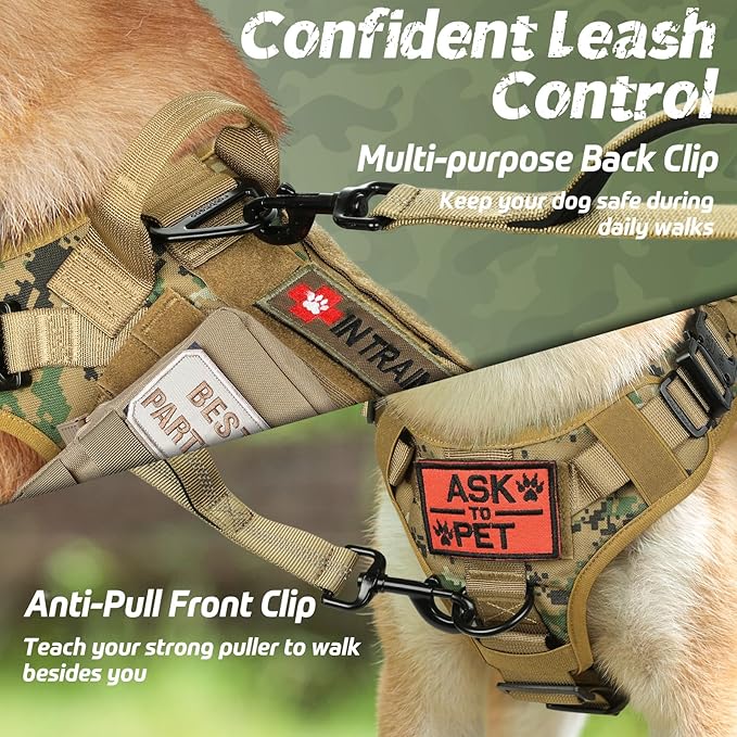 rabbitgoo Tactical Dog Harness for Large Dogs, Heavy Duty Dog Harness with Handle, No-Pull Service Dog Large Breed, Adjustable Military Dog Vest Harness for Training Hunting Walking, Brown Camo, S