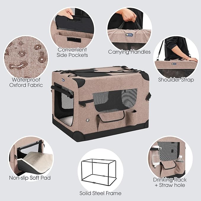 Veehoo 36 inch Folding Soft Dog Crate, 4-Door Portable Collapsible Pet Kennel Travel Dog Crate for Large Dogs, 5 x Durable Mesh Screen, 600D Oxford Fabric, Indoor & Outdoor Use, Brown, CWB2428CP