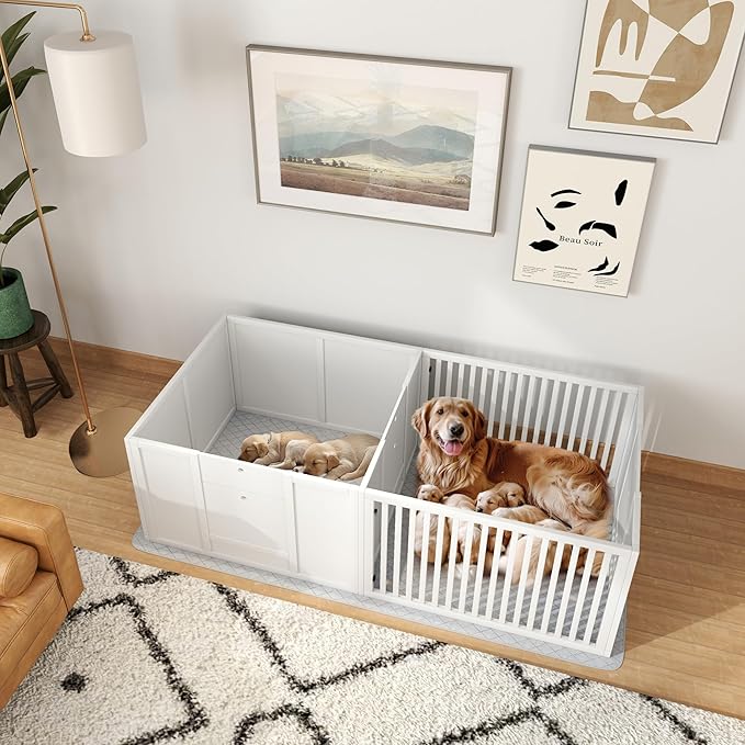PawHut Whelping Box for Dogs, Dog Whelping Box with Waterproof Pee Pad & Adjustable Door for Small, Medium & Large Breed Dogs, 65" x 31.5"
