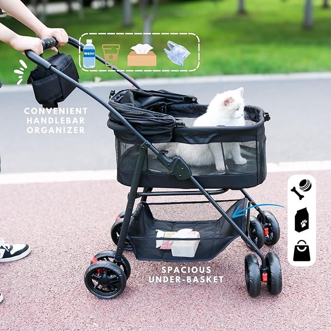 Pet Stroller for Small Dogs Cats with Wheels, Detachable Carrier, Max Load 33 lbs, Easy Folding, Compact Portable, Dog Carriage & Stroller & Car Seat 3 in 1 Animal Stroller (Black)