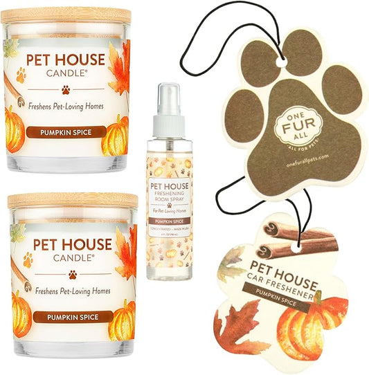 One Fur All Pet House Value Pack, Plant-Based Scented Soy Candles, Room Spray and Car Air Freshener, Cat and Dog Friendly, Pet Odor Candles for Home, Pumpkin Spice