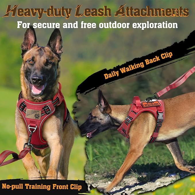 rabbitgoo Dog Harness Medium Sized No Pull, Tactical Service Dog Vest with Molle and Control Handle, Adjustable and Reflective Military Pet Harness for Easy Walking and Training, Red, M