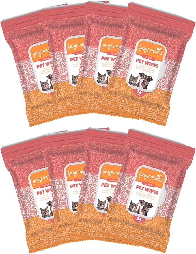FurryFriends Pet Wipes | Citrus Scented | Hypo-allergenic | Alcohol Free| Deodorizing | Removes Loose Hair & Dirt | Incredibly Clean | 8 Pack