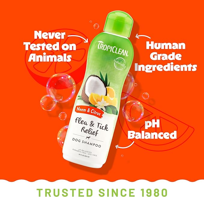 TropiClean Citrus Flea & Tick Shampoo for Dogs, Soothing Bite Relief, Fresh Citrus Scent, Made in the USA, 20oz.