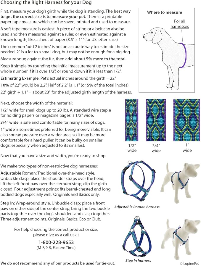 Small Adjustable Step in Dog Harness by Lupine 1/2" Wide Ripple Creek Design with 12-18" Adjustable Girth