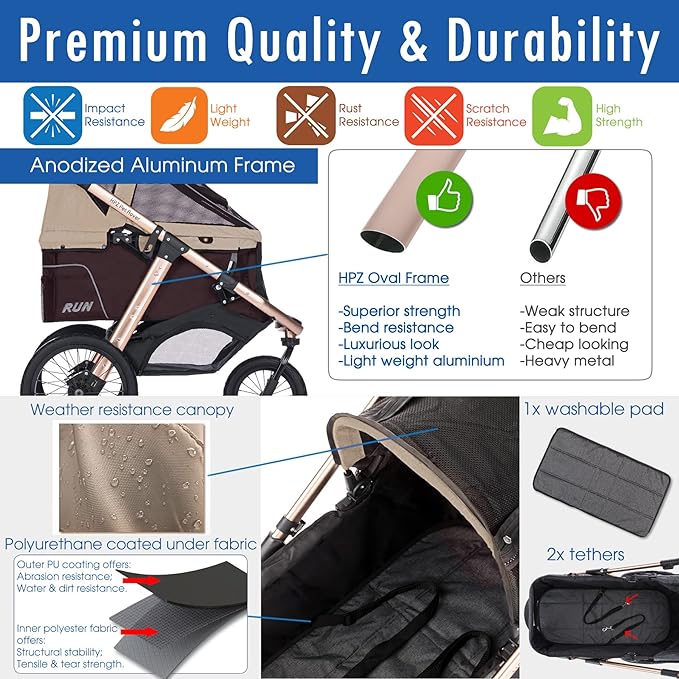 HPZ Pet Rover Run Performance Jogging Sports Stroller with Comfort Rubber Wheels/Zipper-Less Entry/1-Hand Quick Fold/Aluminum Frame for Small/Medium Dogs, Cats and Pets (Taupe)