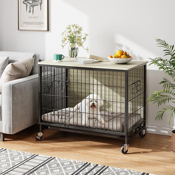 Dog Crate Furniture for Small Dogs, 27.2" L x 20.1" W x 23.6" H Indoor Kennel with Double Doors, Wheels & Removable Tray, Sturdy Dog Cage with Easy Assembly, Rustic Grey