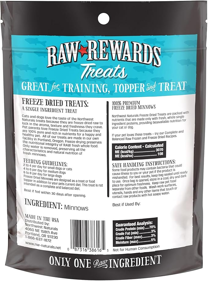 Northwest Naturals Raw Rewards Freeze-Dried Minnow Treats for Dogs and Cats - Bite-Sized Pieces - Healthy, 1 Ingredient, Human Grade Pet Food, All Natural - 1 Oz