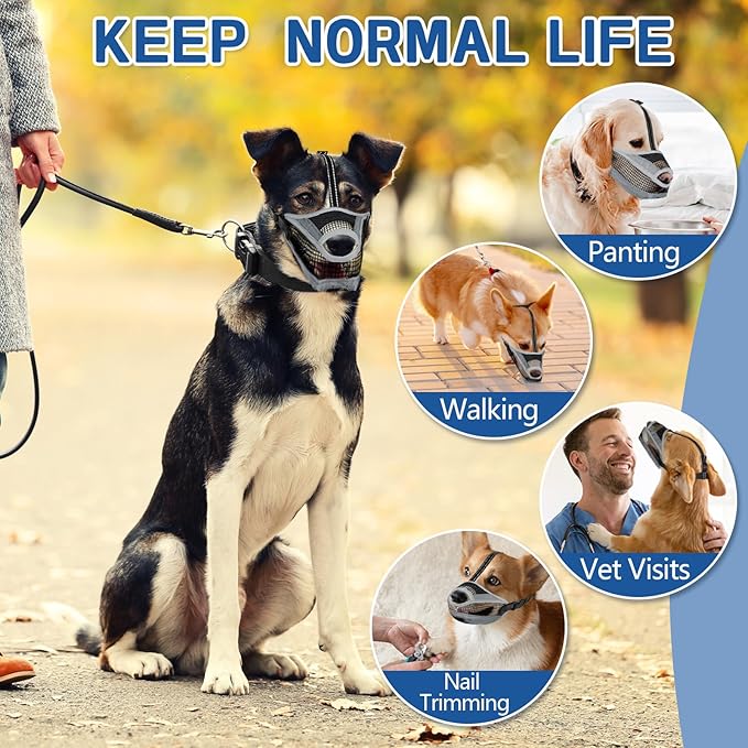 Dog Muzzle for Large Medium Small Dogs, Soft Mesh Muzzle for Dogs with Reflective Adjustable Strap, Prevent Biting Chewing and Licking, Dog Nose Open Design for Reduction Friction (Grey, M)
