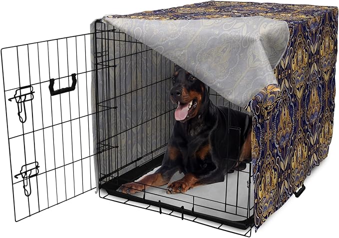 Ambesonne East Dog Crate Cover, Oriental Antique Pattern Foliage Inspirations Geometrical Design, Easy to Use Pet Kennel Cover for Medium Large Dogs, 42 Inch, Purple Yellow