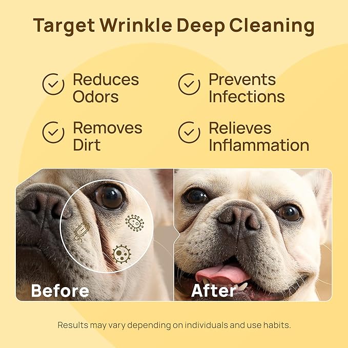 HICC PET Wrinkle Wipes for Dogs- 100 Count Hypoallergenic Wrinkle Wipes French Bulldog, Cleans Deodorizing, Anti-Itch Tear Stain Remover, Vet-Recommended Dog Face Wipes Great for Pug, English Bulldog