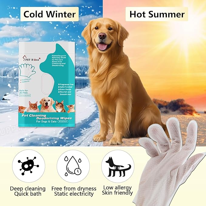 PETHous Dog Paw Cleaner Gloves, Waterless Cat Bath Gloves for Sensitive Skin - Hypoallergenic, Pet Cleaning Gloves Deodorizing - 6 PCS, Pet Wipes Alternative for Post-Surgery Care, Paws & Smooth Fur.