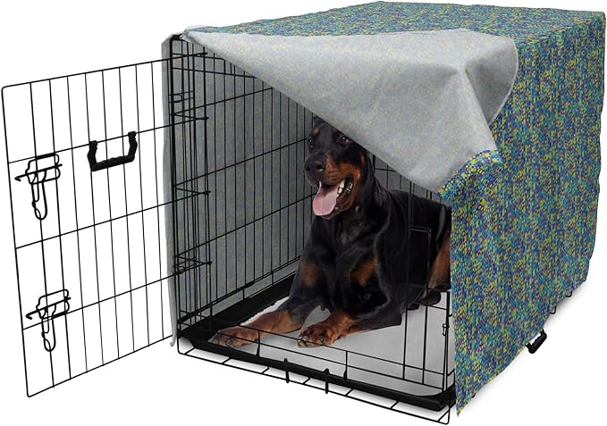 Lunarable Yellow and Blue Dog Crate Cover, Circles Squares and Triangles Mosaic Pattern with Dots Vibrant, Easy to Use Pet Kennel Cover for Medium Large Dogs, 42 Inch, Purple Sky Blue Yellow