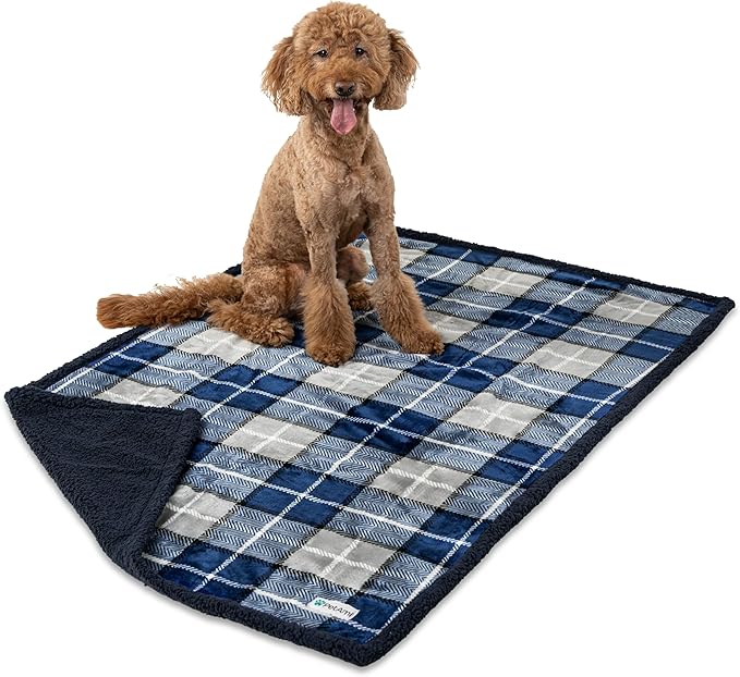 PetAmi WATERPROOF Dog Blanket for Medium Large Dog, Pet Puppy Blanket Couch Cover Protection, Sherpa Fleece Cat Blanket, Sofa Bed Furniture Protector Reversible Soft Plush Washable, 60x40 Plaid Navy