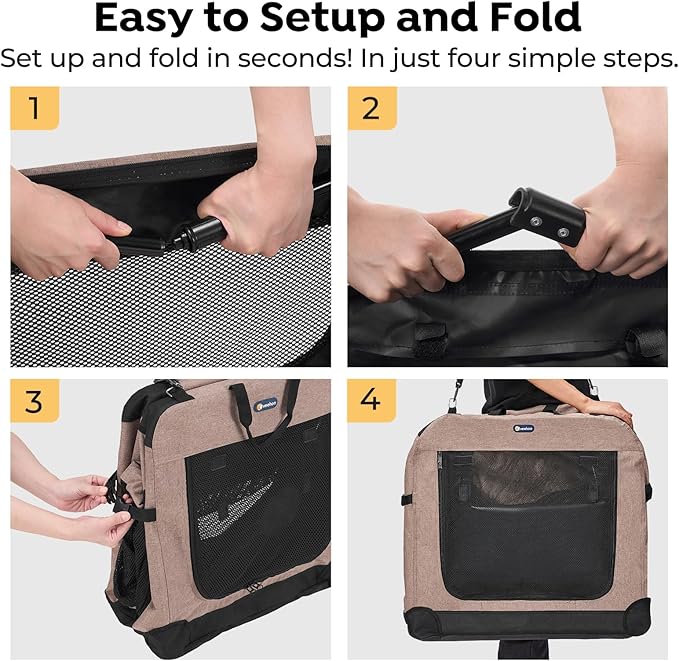 Veehoo 30 inch Folding Soft Dog Crate, 4-Door Portable Collapsible Pet Kennel Travel Dog Crate for Medium Dogs, 5 x Durable Mesh Screen, 600D Oxford Fabric, Indoor & Outdoor Use, Brown, CWB2428CP