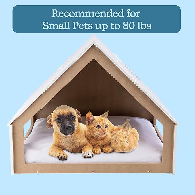 Indoor Dog House Bed - Wood Doghouse with Soft Cushion and Air Vents - 29.5x28x24in Dog Furniture for Small to Medium Pets up to 80lbs - Puppy Accessories by PETMAKER (White)