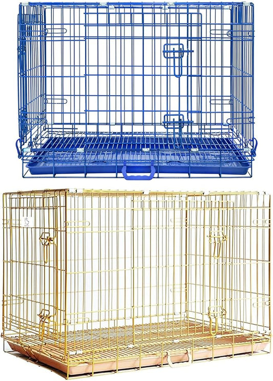 Homey Pet Dog Crates for Medium Dogs, Collapsible Small Dog Cage, Nano-Coating Metal Wire Dog Kennel Indoor with Removable Floor Grid and Tray, Double Doors Dual Locks, GOLD36+BLUE30 Bundle