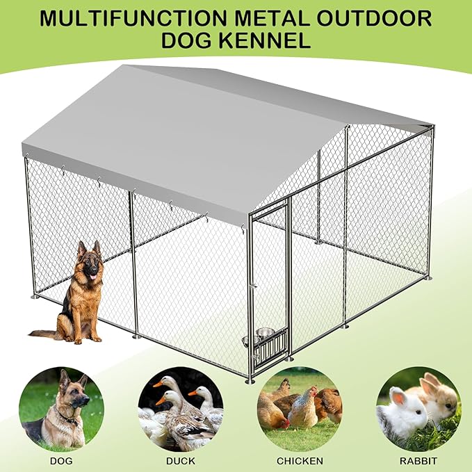 10x10x7 Ft Outdoor Dog Kennel, Heavy Duty Outside Dog Kennel with Waterproof and Anti-UV Roof Cover, Large Dog Enclosures with Feeder for Backyard