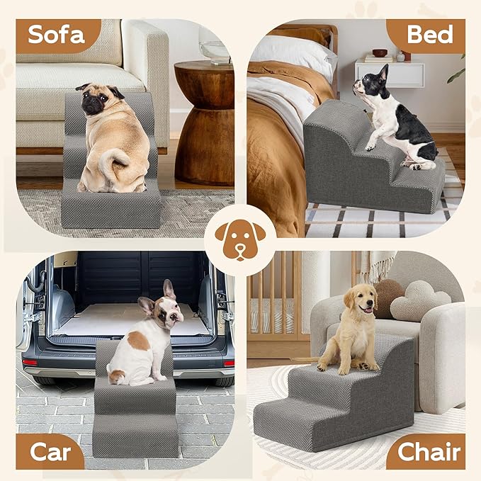 Dog Stairs, Romrol High Density Foam Dog Steps for High Bed and Couch, Dog Ramp, Pet Stairs for Small Dogs and Cats or Pets Joints, 3-Step