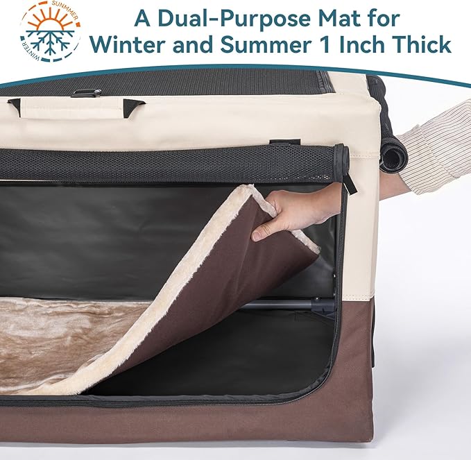 PETSFIT Collapsible Dog Crate, Portable Dog Crate - 30 Inch Easy Set-up, Light, Sturdy, Comfy Inside with Thicken Mat, Soft Sided Crate for Home and Travel Brown