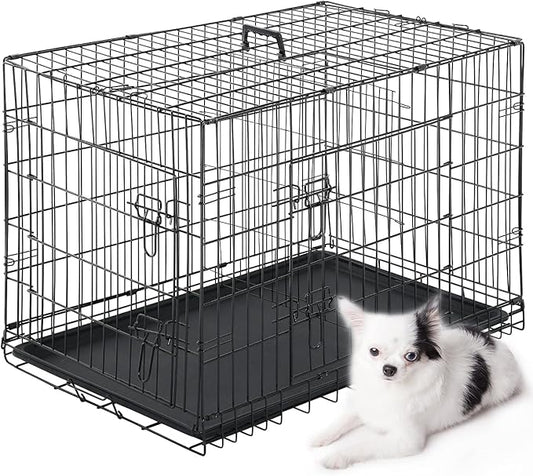 Dog Crate Cage Kennel for Large Medium Dogs Pet Puppy Playpen Wire Animal Metal Folding Travel Divider Double-Door Handle Plastic Tray Indoor Outdoor Double Lock Black Rabbit 24 30 36 42 48 inches