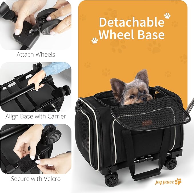 Pet Carrier for Travel - Airline Approved - Dogs/Cats Expandable & Roomy - Premium Pets Carrier with Wheels - Cozy Soft-Lined Travel Carrier - Stylish Black Design