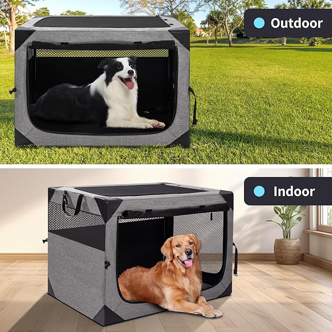 30 Inch Portable Travel Dog Crate, 3 Door Collapsible Soft Pet Kennel with Durable Mesh Windows for Medium Dogs, Foldable Dog Cage with Storage Pocket for Outdoor (Light Grey)