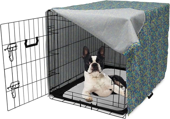 Lunarable Yellow and Blue Dog Crate Cover, Circles Squares and Triangles Mosaic Pattern with Dots Vibrant, Easy to Use Pet Kennel Cover for Small Dogs Puppies Kittens, 22 Inch, Purple Sky Blue Yellow