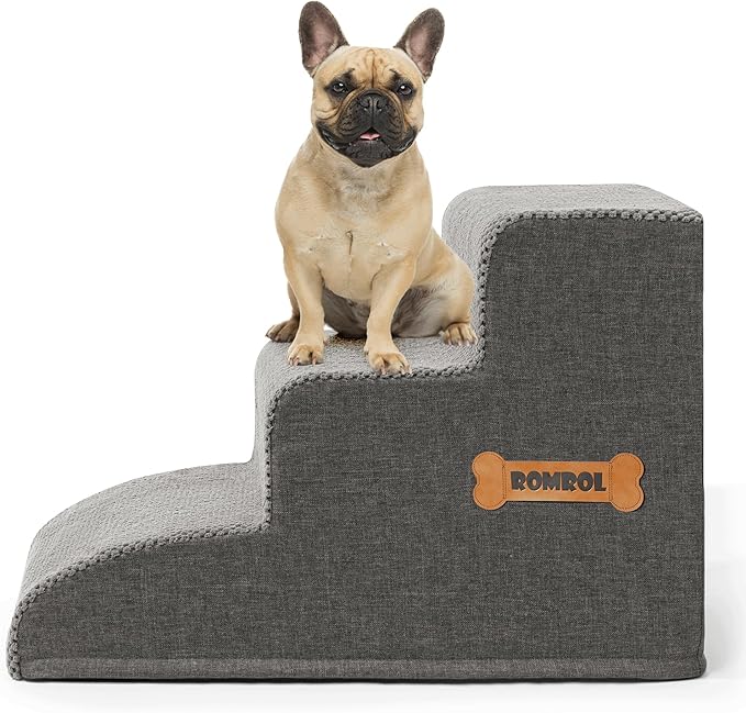 High Density Foam Dog Stairs Ramp for Beds Couches, Romrol 15.7" H Pet Steps with Durable Non-Slip Waterproof Fabric Cover, Dog Slope Stairs Friendly to Small Dogs and Cats or Pets Joints