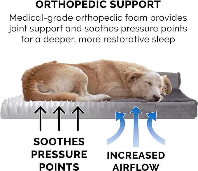 Furhaven Orthopedic Dog Bed for Large Dogs w/ Removable Bolsters & Washable Cover, For Dogs Up to 95 lbs - Plush & Velvet L Shaped Chaise - Platinum Gray, Jumbo/XL