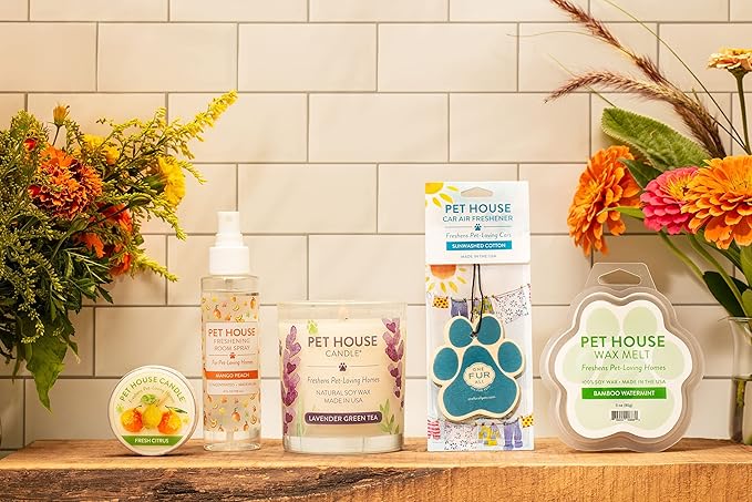 One Fur All Value Pack - Pet Friendly Candles, Room Spray and Car Air Freshener, Long Lasting Plant-Based Pet Odor Candles for Home - Sunwashed Cotton