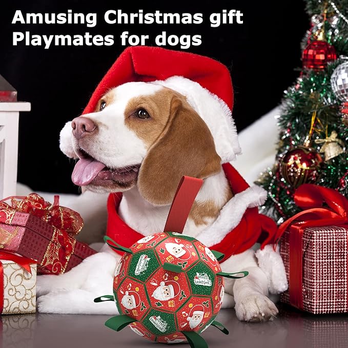 QDAN Christmas Dog Toys Soccer Ball with Straps, Outdoor Interactive Dog Toys for Tug of War, Puppy Birthday Gifts, Dog Tug Toy, Dog Water Toy, Durable Dog Balls for Medium & Large Dogs(8 Inch)