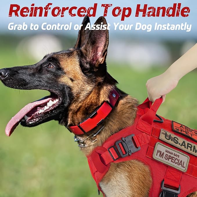 rabbitgoo Tactical Dog Harness for Large Dogs, Heavy Duty Dog Harness with Handle, No-Pull Service Dog Vest Large Breed, Adjustable Military Dog Vest Harness for Training Hunting Walking, Red, M