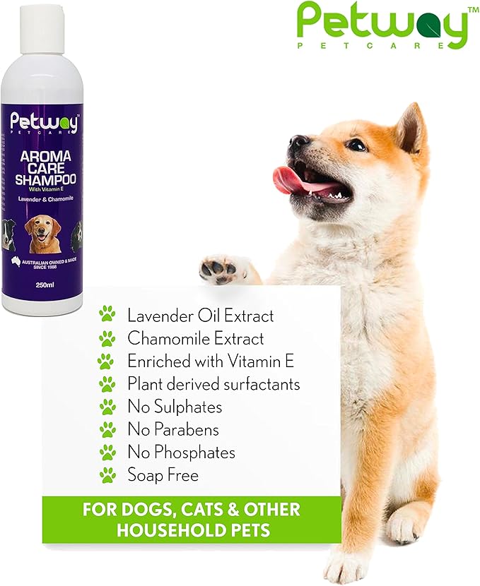 Petcare Dog Shampoo, Aroma Care Pet Hair Shampoo with Lavender, Chamomile & Vitamin E for Natural Coat & Skin Conditioning, Safe for Small Pets, Free of Phosphates, Parabens & Enzymes, 250ml