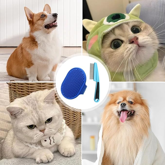 Dog Bath Brush,Cuteabc 2Pcs Cat Grooming Comb Set Included Scrub Brush for Dogs Bath and Pet Steel Combs,silicone pet brush,dog bath brush scrubber and Comb Multipurpose Tools for Cat Dogs Grooming