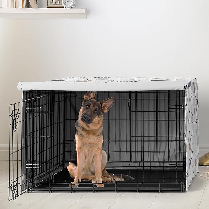Sweet Jojo Designs 48in. Large Dog Crate Cover (Cartoon Puppy Print) Pet Cage, Kennel Covers (Neutral, Modern, Bulldog, Wiener Doggy, Paws, Whimsical, Playful, Woof, Dachshund, Blue, Taupe, Grey)
