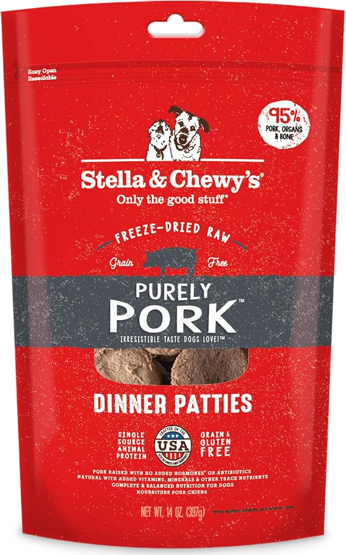 Stella & Chewy's Freeze Dried Raw Dinner Patties – Grain Free Dog Food, Protein Rich Purely Pork Recipe – 14 oz Bag (Packaging may vary)