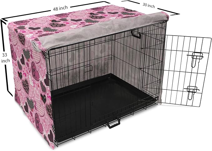 Lunarable Hearts Dog Crate Cover, Sewing Themed Love with Polka Dots Valentine's Day Inspired Image, Easy to Use Pet Kennel Cover for Medium Large Dogs, 48 Inch, Pink Black White