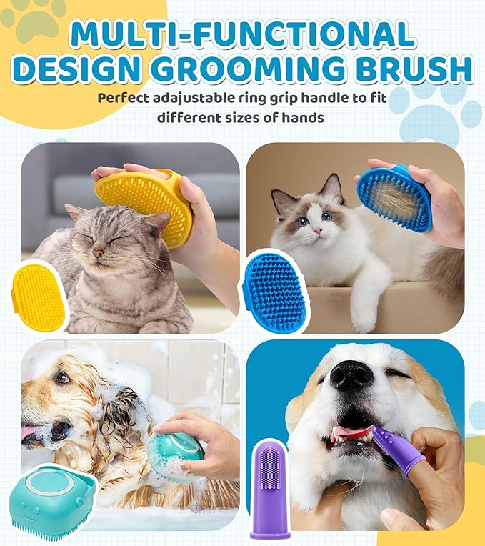 Dog Massage & Bath Brush 4PCS – Soft Silicone Shampoo Scrubber for Dogs and Cats, Perfect for Grooming and Deshedding (Blue)