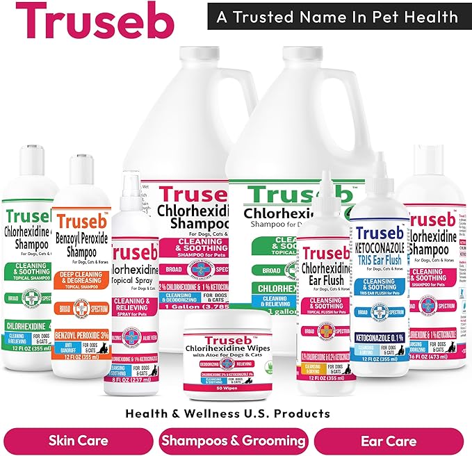 Truseb Advanced Topical Dog Ear Wash with Ketoconazole & Chlorhexidine Ear Flush Dog, Cats and Horses, with Aloe - 12 oz Made in U.S.A (Ketoconazole & Chlorhexidine Ear Flush, 12 oz)
