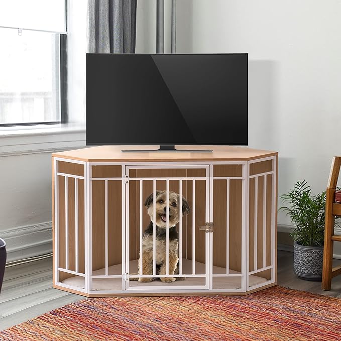 MEWOO Corner Dog Crate Furniture with Cushion, Wooden Dog Kennel End Table, Doghouse, Pet Crate for Indoor Use, Dog Cages for Small Medium Dogs Indoor