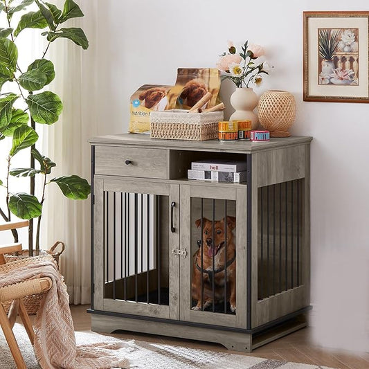 32Inch Dog Crate Wooden Lockable Dog Kennel with Removable Tray and Storage Drawer Indoor Dog Crate Furniture End Table Pet Cage 32.3'' W x 22.8'' D x 33.5'' H Grey