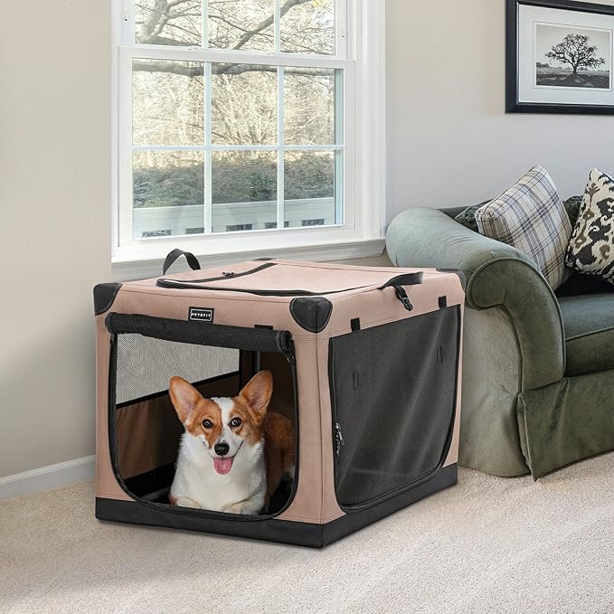 PETSFIT Portable Dog Crate, with Patented Adjustable Fabric Cover, Chewproof & Lockable Mesh Doors, Waterproof Base Collapsible Kennel Khaki 30 Inch