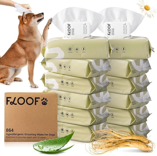 Floof Hypoallergenic Dog Wipes – Natural Aloe Grooming Wipes for Paws Face Ears Eyes & Bum – Vet-Formulated Extra Thick Safe for Puppies & Adult Dogs –864 Count